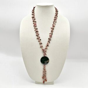 Mauve Stone Chip 3 Strand Polished Black Stone Pendant Tassel Boho Necklace 25”
